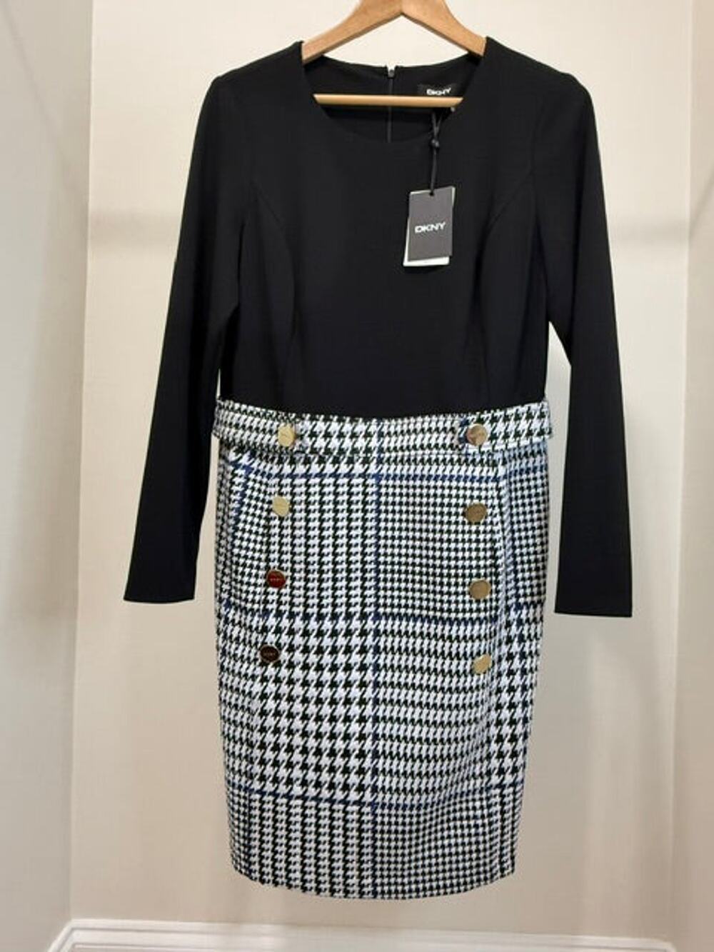 DKNY Houndstooth Plaid Knit Sheath Dress Black NWT Sz12
